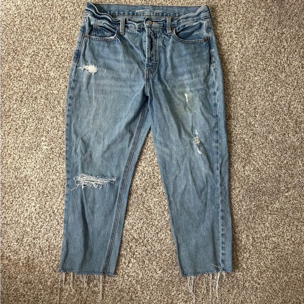 Old Navy High-Rise Slouchy Straight Jeans Ankle Cropped Casual Distressed 10